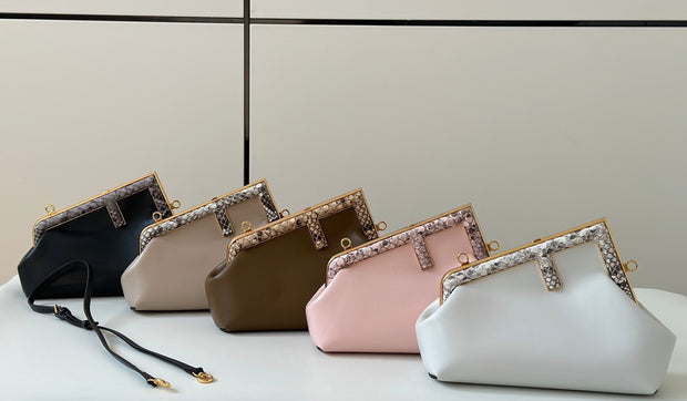 Black, Beige, Olive Green, Pink, White Leather with Snake Print Detail FN-056