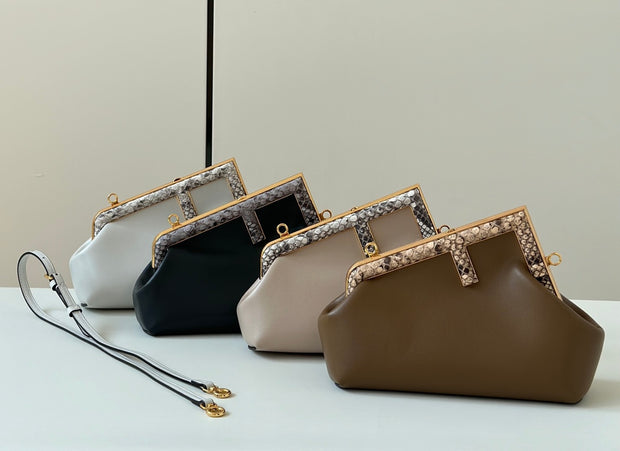 Black, Beige, Olive Green, Pink, White Leather with Snake Print Detail FN-056