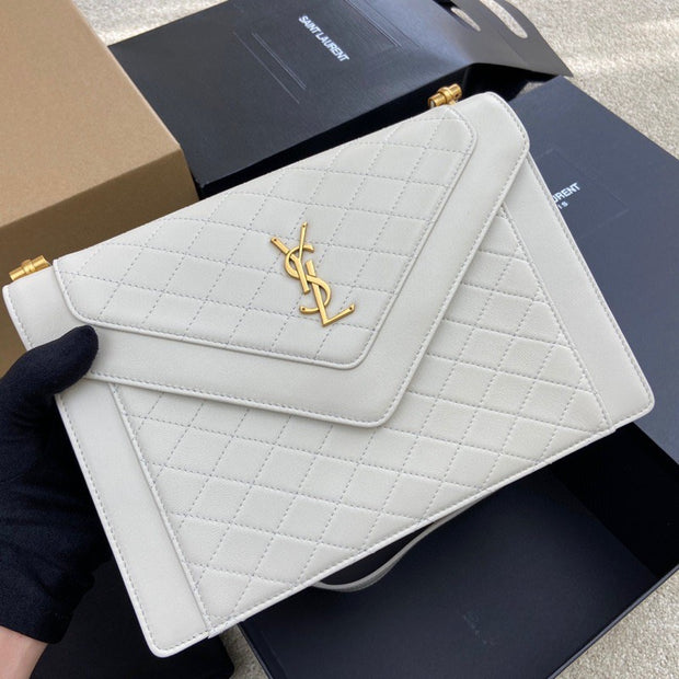White Quilted Leather with Gold Logo Envelope SL-009