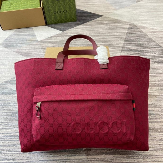 Red Canvas Tote Bag with Leather Handles and Front Pocket GCC-015