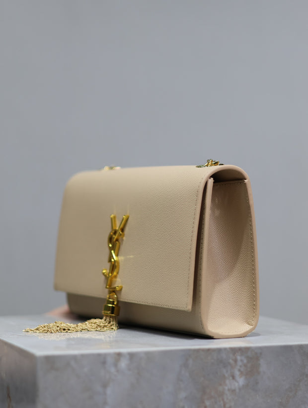 Beige Leather with Gold Logo and Tassel Flap SL-027