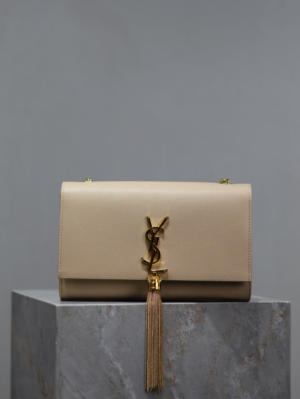 Beige Leather with Gold Logo and Tassel Flap SL-027