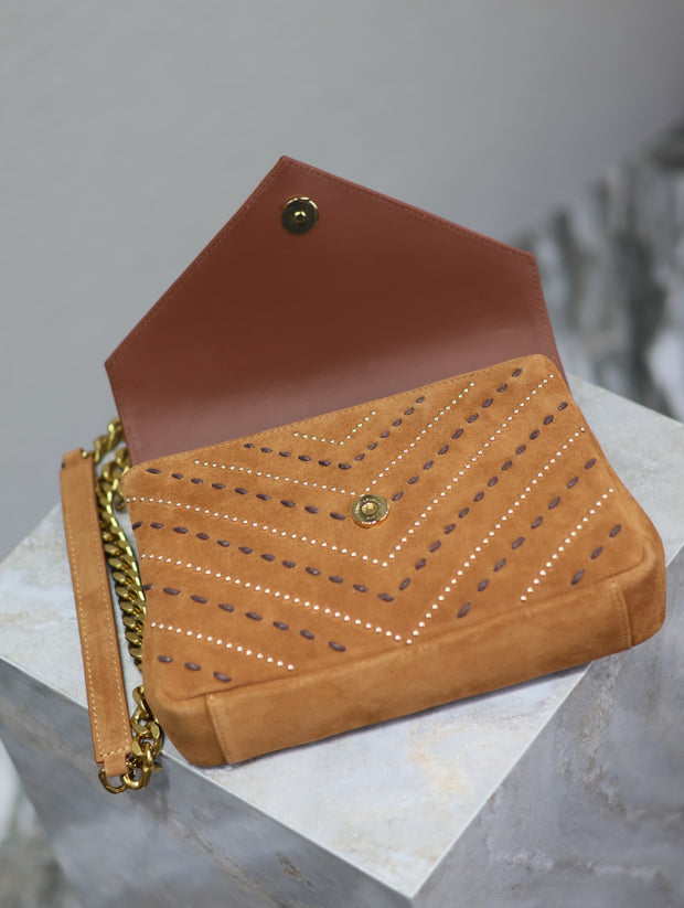 Tan Suede with Gold Logo and Studded Chevron SL-032