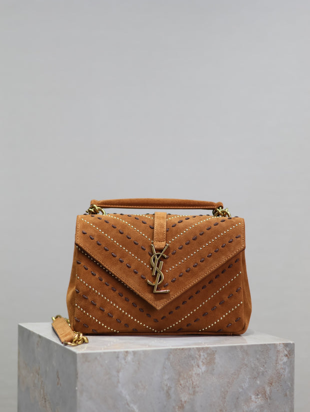 Tan Suede with Gold Logo and Studded Chevron SL-032