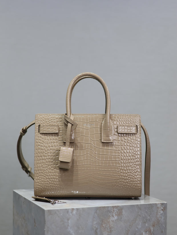Beige Crocodile Leather with Gold Logo Tote SL-035