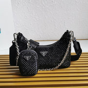 Black mini handbag 3 in 1 with imitation crystals