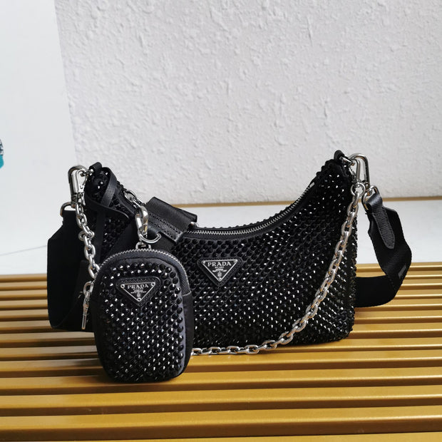 Black mini handbag 3 in 1 with imitation crystals