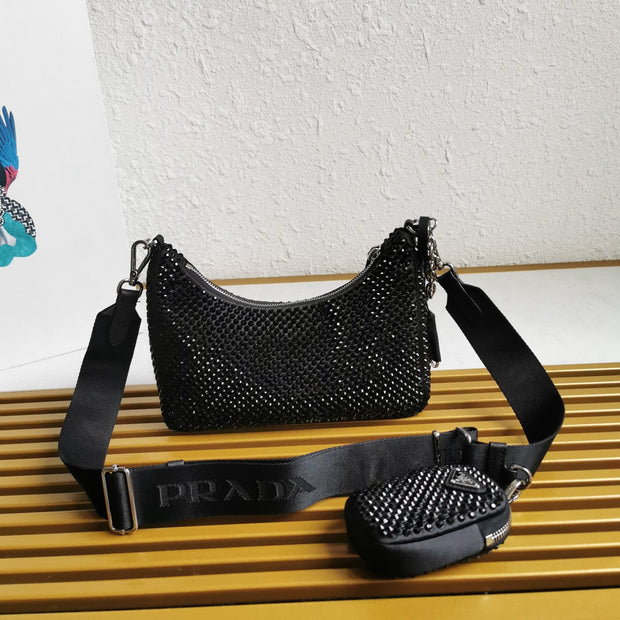 Black mini handbag 3 in 1 with imitation crystals