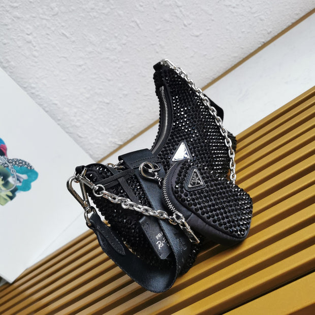 Black mini handbag 3 in 1 with imitation crystals