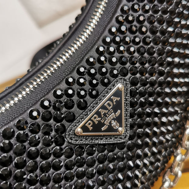 Black mini handbag 3 in 1 with imitation crystals